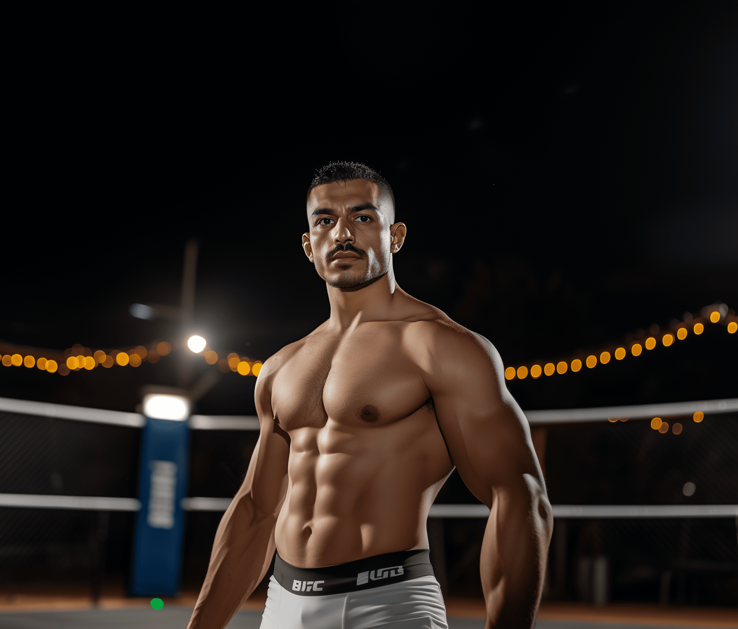 Full body shot of a light-skinned, middle-eastern male wrestler with short black hair, abs fit, a thick mustache, and a goatee. The upper body shot shows him facing the camera in front of an outdoor wrestling ring at night, capturing his upper torso, chest, and waist. This appears to be a professional photography shot. --ar 53:45 --v 6. 1