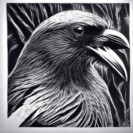 Scratchboard art of a crow