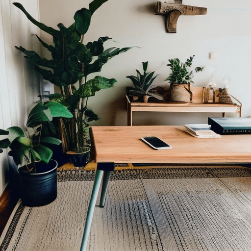 A bohemian workspace with a reclaimed wood desk, ergonomic chair, and inspirational quotes. Include potted plants, colorful accents, and natural light