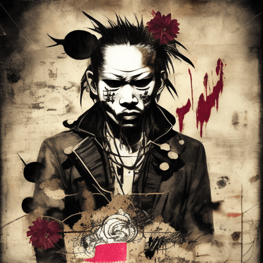 Eaturing a plain japaneses pirates tiger, black and sepia color tones, wabi-sabi art, abstract, collage punk, urbanpunk, flowerpunk, random textures, random graffiti strokes, kanji characters, surreal artwork, impermanence, in a thin irregular circle with no background