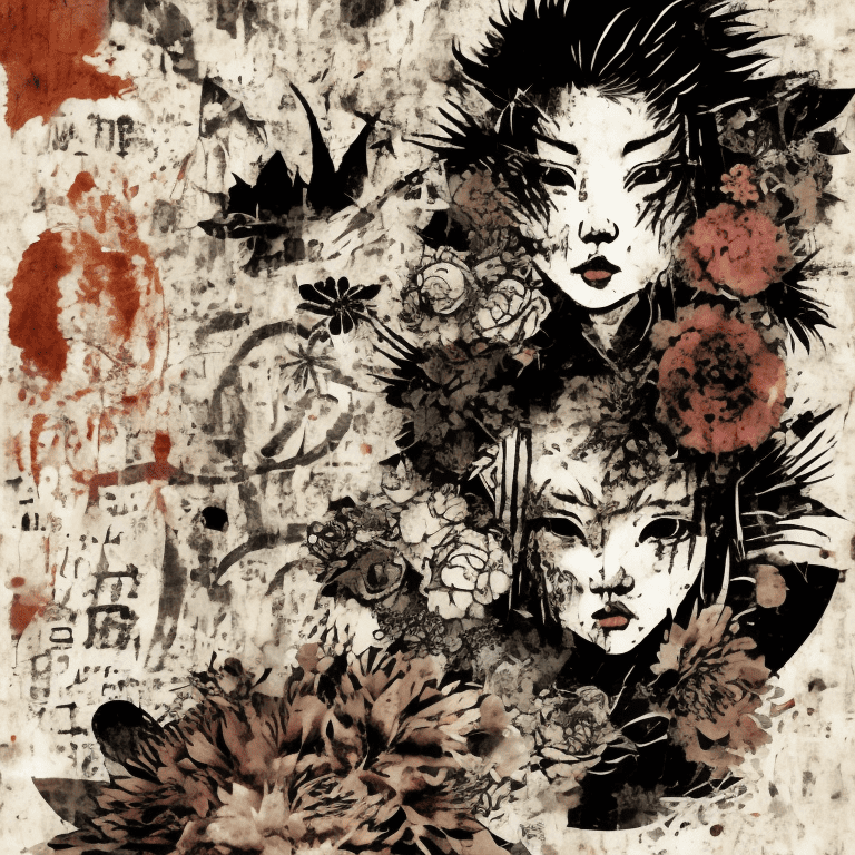 A plain japaneses pirates tiger, black and sepia color tones, wabi-sabi art, abstract, collage punk, urbanpunk, flowerpunk, random textures, random graffiti strokes, kanji characters, surreal artwork, impermanence, in a thin irregular circle with no background