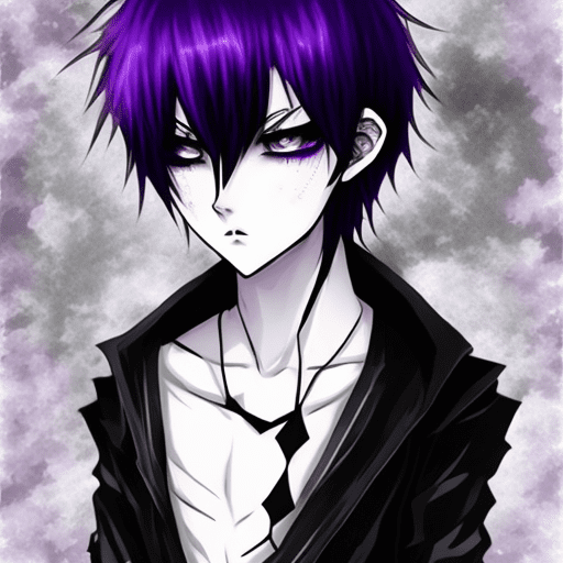 Gothic anime style, a boy is cold and arrogant, pale skin, white makeup, purple eyes, black hair, dark background, beauty, delicate