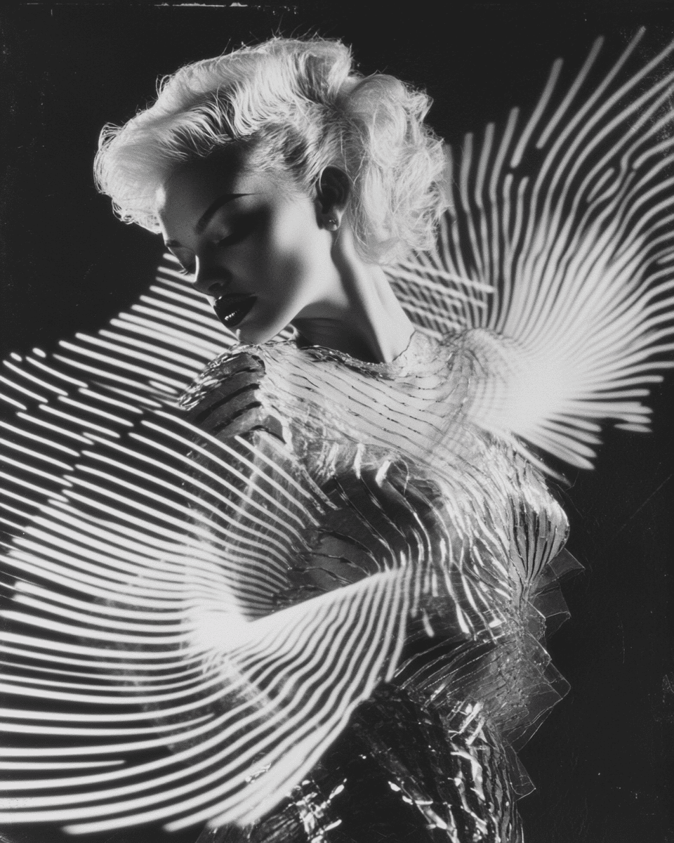 Photonegative refractograph, a black-and-white photograph of a blonde model wearing an outfit designed in the style of iris van herpen, halftone, 35mm film, 80s fashion magazine photography. --ar 4:5 --v 6. 1