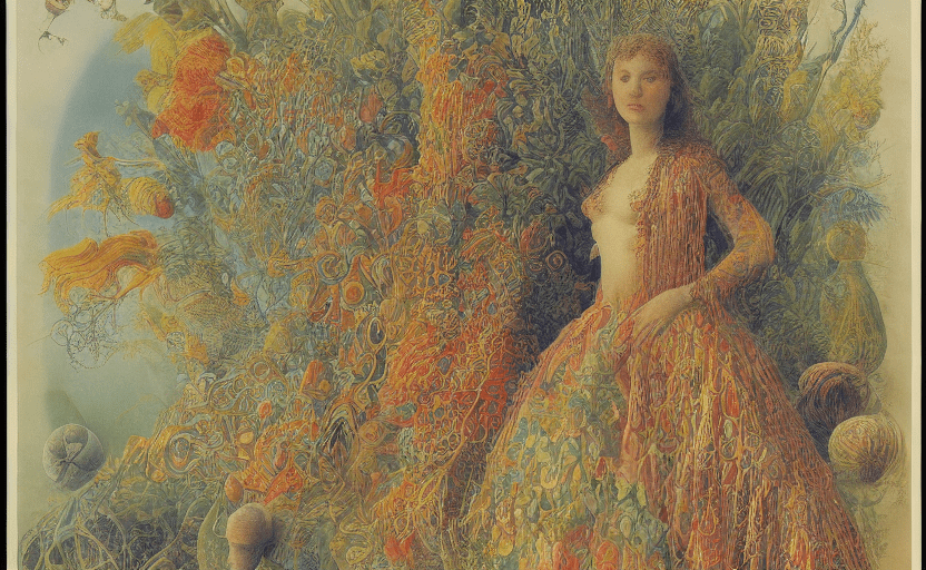Side view of surreal young wife, with colourfull cloth, by ernst haeckel