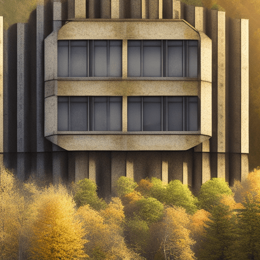 I'd like to generate an image with the following characteristics: a very realistic photo, of a house, where walls are made of windows, in brutalist style, at golden hour in the middle of the forest.
