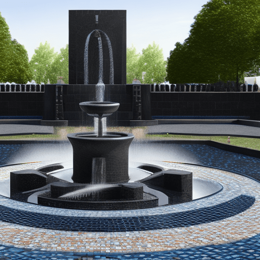 Create an image of a round fountain 8meter wide with eight water jets on the edge distributed equally around and one central water jet the fountain has black granite up-stand all around and mosaic tiles in side the fountain, hyper detailed, hyper realistic photo, 4k render