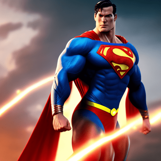 A muscular superman , whole body, cinematic, intense, cinematic composition, cinematic lighting, color grading, focused