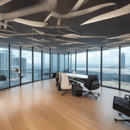 A modern, high-end office in miami with large, floor-to-ceiling windows showcasing a bright daytime cityscape. The design is minimalist yet subtly cozy, with sleek, streamlined furniture and warm lighting. The office includes a sophisticated wooden desk, a comfortable armchair, and discreetly integrated tech equipment. Indoor plants, featuring tropical varieties suited for florida, such as palms and monstera, add a fresh, green touch. The space feels both humble and refined, with a neutral color palette that emphasizes simplicity and elegance.