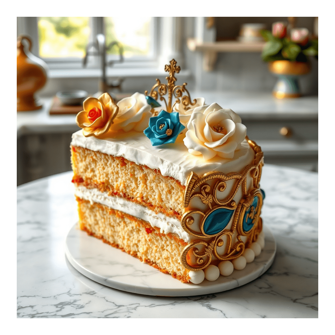 Delicious slice of victorian cake with victorian decorations, vibrant colors: white, blue, gold, silver, red, extremely detailed and realistic, on a white marble table, in the setting of a victorian kitchen, hdr