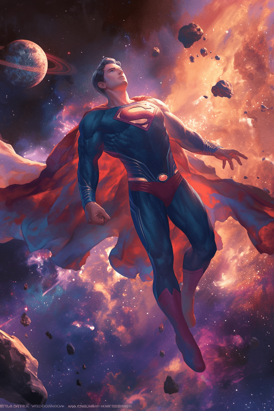 Superman with original costume in epic pose floating in the galaxy with orange and violet color in back ground --ar 2:3 --niji 6