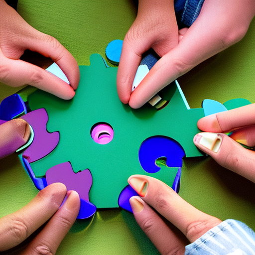 Viewed from above, an image of five students sitting at a round table each holding a piece of a jigsaw puzzle that they're fitting together. There should be exactly five students and each should be holding exactly one puzzle piece. Generate in a modern graphic design style, primarily using the following colours: ebe8da, #9f1c42, #eaeaea, #373a36, #e21a23, #06235b, #eeeeee
