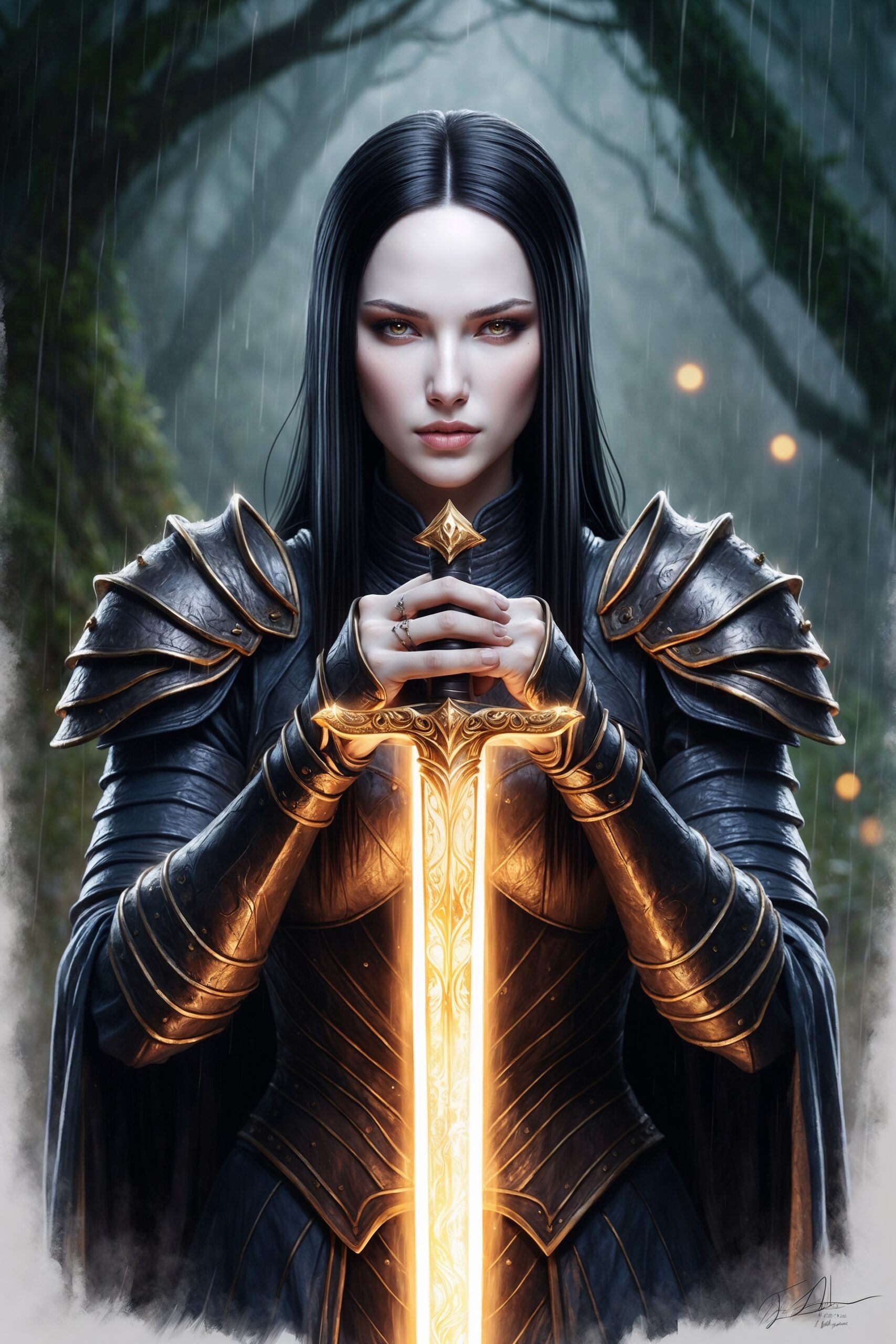 A highly detailed, rough-textured color pencil sketch of a fantasy-themed digital artwork featuring a majestic woman with straight, raven-black hair cascading down her back, her fair, porcelain-like skin illuminated by the soft, warm glow of the ornate sword she firmly grasps, her focused expression exuding determination and intensity, her dark, intricately designed armor adorned with metallic shoulder plates and gauntlets that reflect the golden light, her hands clasped around the sword's hilt with a sense of reverence, the sword itself radiating a vibrant, golden aura that casts an ethereal light on her face and surroundings, set against a misty, rain-soaked forest backdrop with blurred, muted greens and blues, hints of distant, soft orange lights adding an air of mystique, the composition centered on the woman and the sword, creating a sense of power, mystery, and ancient wisdom, with visible pencil marks and texture of paper adding a tactile quality to the piece.