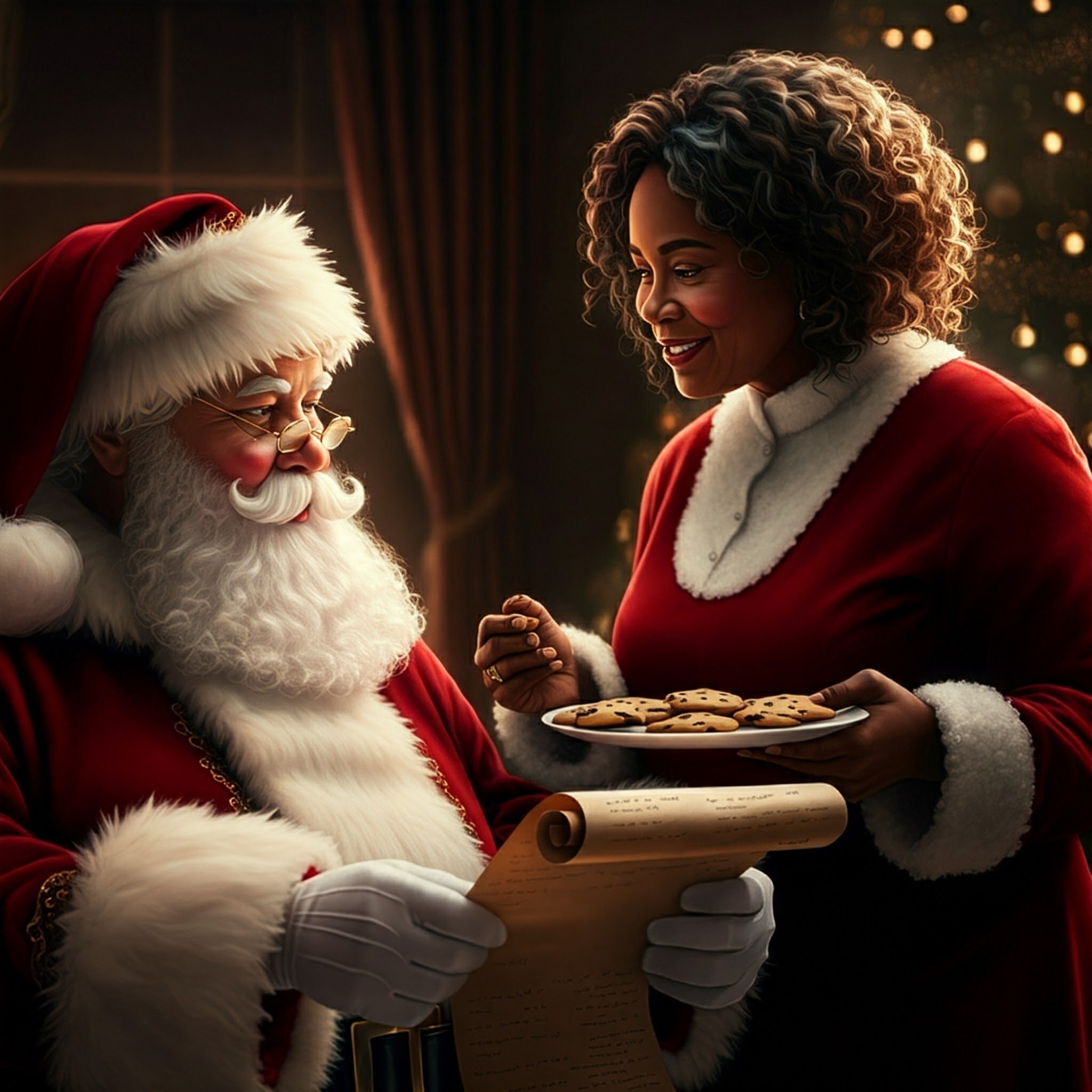 A hyperrealistic image of santa claus, dressed in his signature red suit, looking at mrs claus while holding his list. His wife, an african american woman with straight, medium, wavy hair, a warm smile and twinkle in her eye, brings him a plate of freshly baked cookies for a well-earned snack.