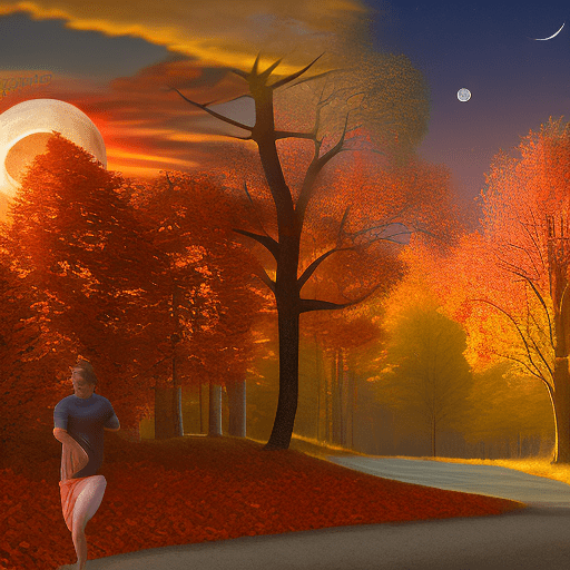 Create a hyper-realistic image of a 35-year-old fitness. The scene takes place during a sunset in an autumn landscape, where the trees are filled with leaves in warm shades of orange, red, and yellow. In the sky, the planet venus shines brightly, resembling a full moon, adding a magical touch to the atmosphere. The sunlight reflects off the calm water of the lake, creating a shimmering golden effect. Camera technical details: aperture: f/2. 8 for a softly blurred background that highlights the man in the foreground. Shutter speed: 1/125 seconds to capture the scene clearly, avoiding motion blur. Focal length: 50 mm for a natural framing that captures both the man and the beautiful background landscape. Make sure the lighting is warm and soft, with elongated shadows that add depth to the image. The composition should be balanced, with the man on the left side of the frame and the autumn landscape and planet venus occupying the rest of the space.