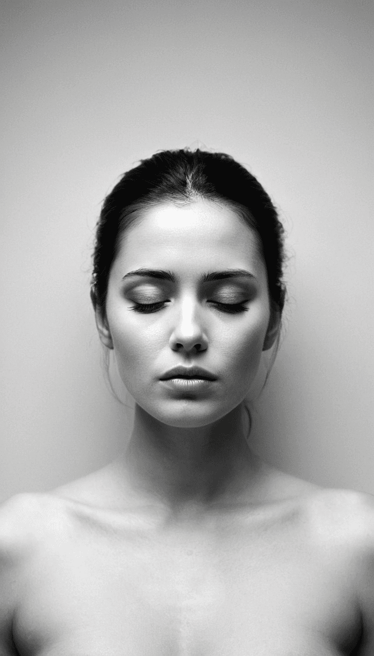 Black and white photography, fashion editorial, portrait of a dark shorthaired beautiful naked woman with closed eyes in studio lights, highres, realistic photo, professional photography, cinematic angle, dynamic light back shining,