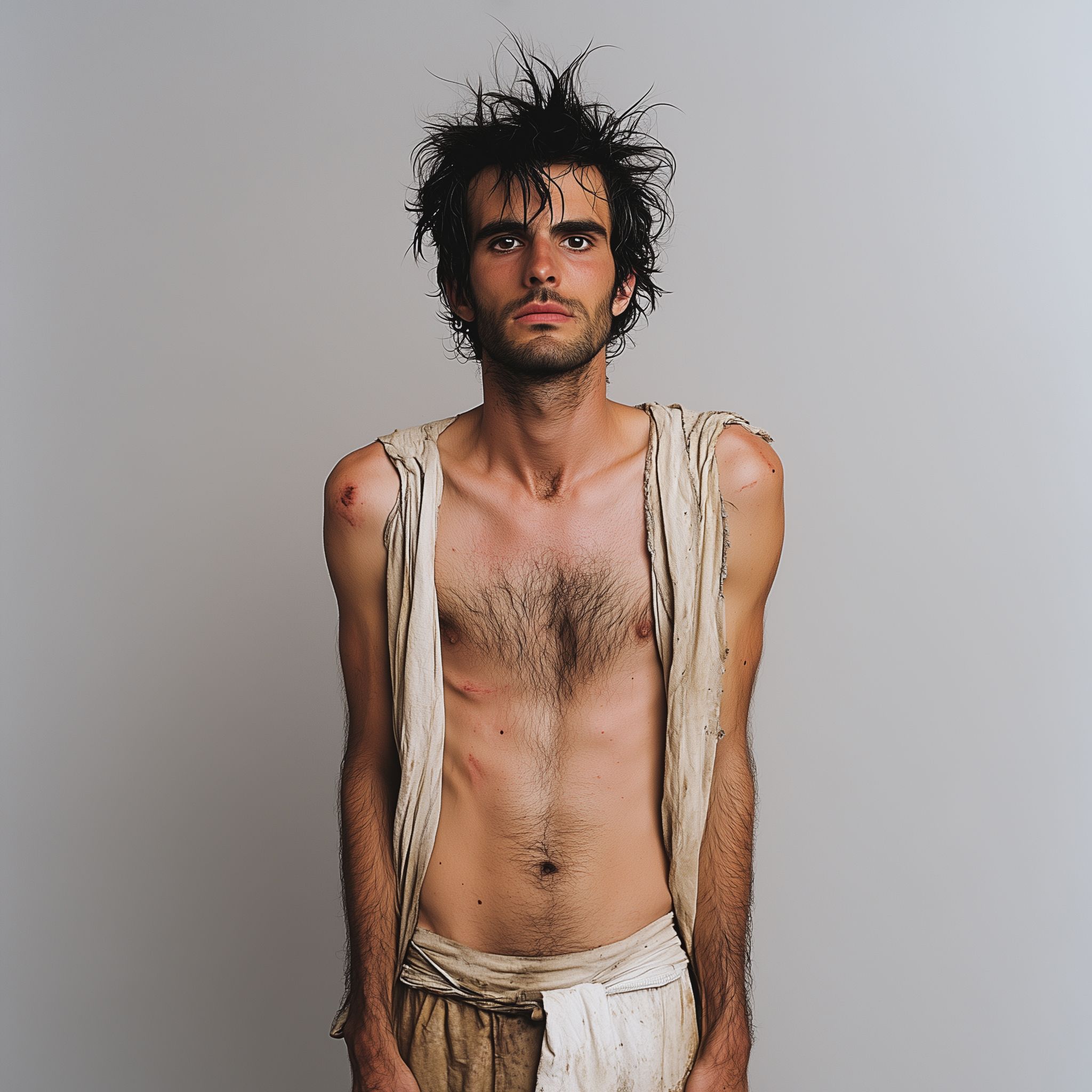 Full shot, full-length portrait, wide field of view, centered, showing entire body, award-winning cinematography, award-winning photography, photo of an average-looking man with very hairy arms. Portrait of handsome man with black hair and dark eyes, average body, standing, hairy chest, hairy arms, asymmetrical eyes, posing for the camera, showing off his legs, ultra-realistic skin, golden hour, 8khd --iw 2 --c 45 --s 250 --style raw --v 6. 1
