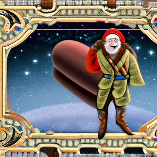 Tiny tim from a christmas carol floating in outer space surrounded by floating sausages. Drawn in an old fashioned victorian style for the cover of a book. Realistic