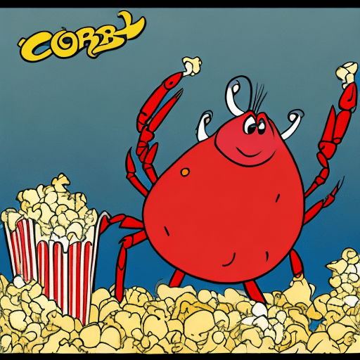 A crab in cartoonart eating popcorn. A cute crab.
