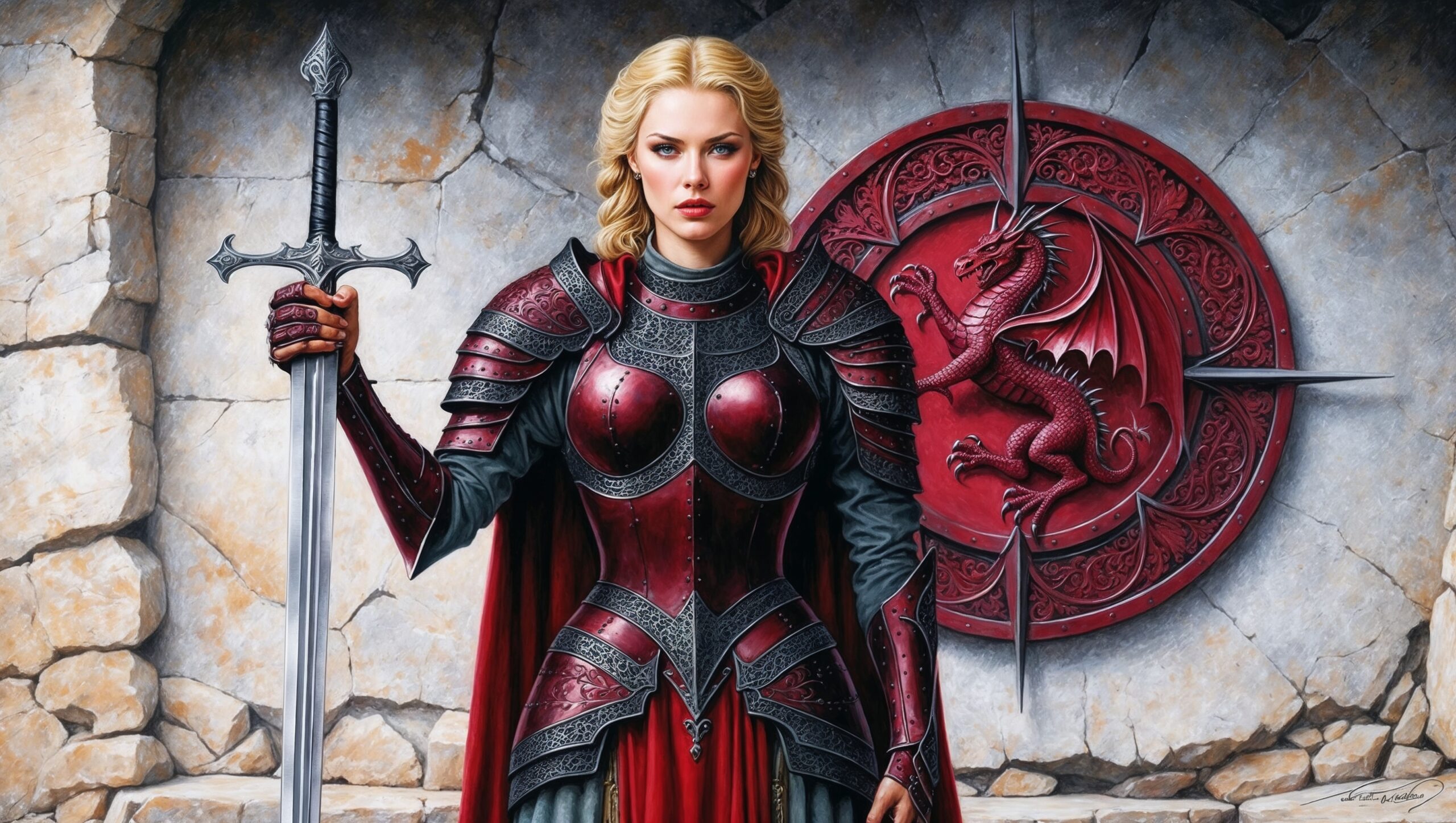 A highly detailed, rough-textured color pencil sketch of a regal woman adorned in elaborate, medieval-inspired armor, predominantly deep crimson with rich, dark black accents, featuring delicate filigree patterns, angular engravings, and ornate flourishes that evoke a sense of nostalgia and ancient craftsmanship. She stands tall, her right hand grasping a long, slender, silver-tipped sword, its metallic sheen radiating a sense of power and authority. Her facial expression is intense and focused, with high cheekbones, a small nose, and full lips set in a determined line. Her fair skin glows softly, complemented by her golden blonde hair, styled in loose, flowing waves that cascade down her back. Her piercing blue-green eyes seem to bore into the viewer's soul, radiating an aura of confidence and strength. The background is a worn, rough-hewn stone wall with a prominent, crimson-hued circular emblem depicting a majestic dragon in intricate detail, adding depth and drama to the scene. The composition is centered, with the subject commanding the majority of the frame, emphasizing her powerful presence, the stunning intricacy of her armor, and the subtle texture of the paper beneath the vibrant, expressive pencil marks.