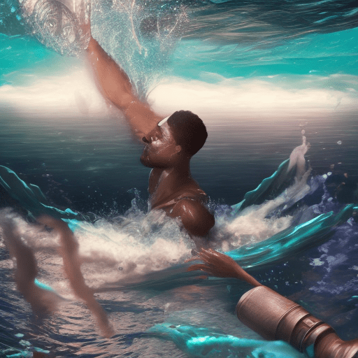 The realm of liquid dreams – a captivating scene showcasing a fantastical under water texture and a black man’s arm saving a drowning microphone transporting viewers to a world where imagination reigns supreme