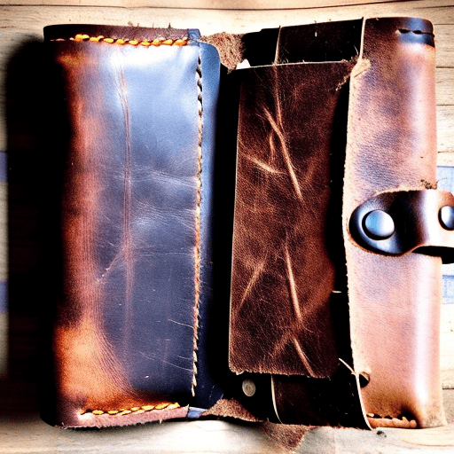 An abandoned leather wallet, opened, showing its empty inside pockets. Style: goth