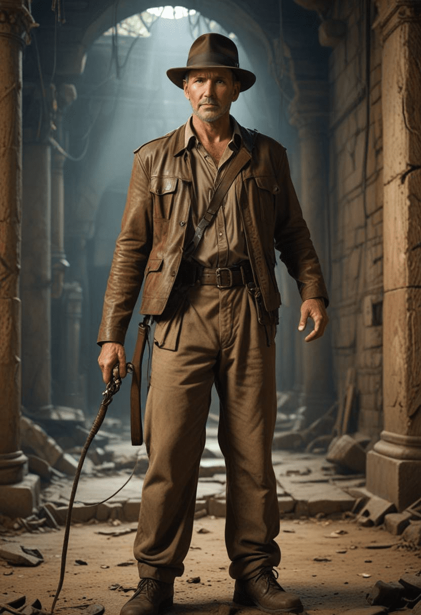Full body young harrison ford in indiana jones, in an ancient ruin, holding a whip, photo, light box, three point lighting, film grain, epic movie poster, , 8k uhd, dslr, soft lighting, high quality, film grain, fujifilm xt3, different moviescene, perfect composition, beautiful detailed intricate insanely detailed octane render trending on artstation, 8 k artistic photography, photorealistic concept