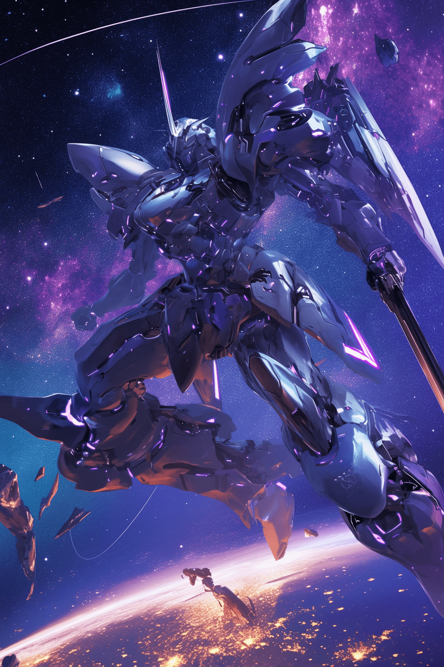 Giant mecha robot in the galaxy in defense mode with futuristic armors and wapons, the galaxy have to be violet blue with stars and the color of the armor in contrast --ar 2:3 --niji 6