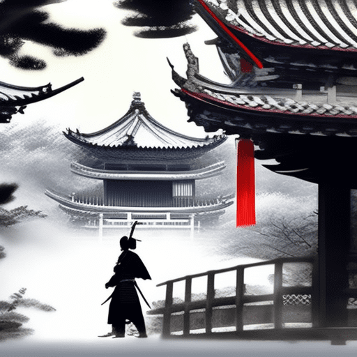 Samurai in full armor, concept art in the style of yoji shinkawa and dominik mayer in a chinese garden, wearing hanfu and flowing robes, in the style of chinese ink painting, beautiful scenery of a chinese fairy tale, misty with white snow covering the ground, graceful figures with traditional japanese elements, and a sense of epic adventure. --ar 35:64 --stylize 750
