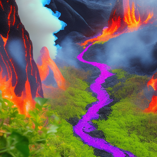 A flow of lava pouring downhill through a forrest burning everything in its path water pouring down a mountain, flowers erupting from its path, light and jofyful energy that cant be stopped. Visiual sound waves translucent