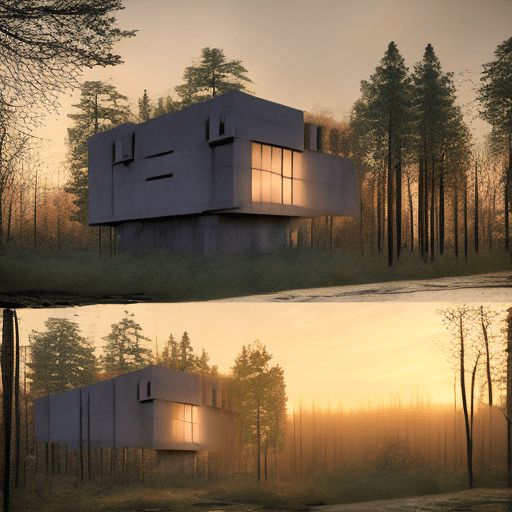 I'd like to generate an image with the following characteristics: a realistic photo, of a house, where walls are made of windows, in brutalist style, at sunset in the middle of the forest.