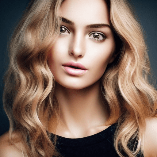 Close-up, ultra-realistic high-fashion portrait of a woman with flawless skin, soft honey-blonde balayage waves cascading around her face, with natural highlights framing her features perfectly. Capture every detail of her refined, symmetrical face: warm skin tone, subtle, expertly-applied makeup, sharp jawline, and defined brows. Photographed in a minimalist studio setting with carefully controlled, diffused soft lighting that highlights every pore and hair strand. Inspired by the style of steve mccurry and annie leibovitz, shot with a nikon z9 and a 105mm f/2. 8 macro lens to achieve extraordinary detail, sharpness, and depth. The portrait should be in 8k resolution with true-to-life textures, soft, natural shadows, and a perfectly balanced bokeh background. Achieve magazine-quality realism, with meticulous focus on skin texture, subtle highlights, and color accuracy that makes the image indistinguishable from a high-end studio photograph. Masterpiece, hyper-detailed, sharp focus, shallow depth of field, perfect lighting balance, and photorealistic precision suitable for a cover editorial