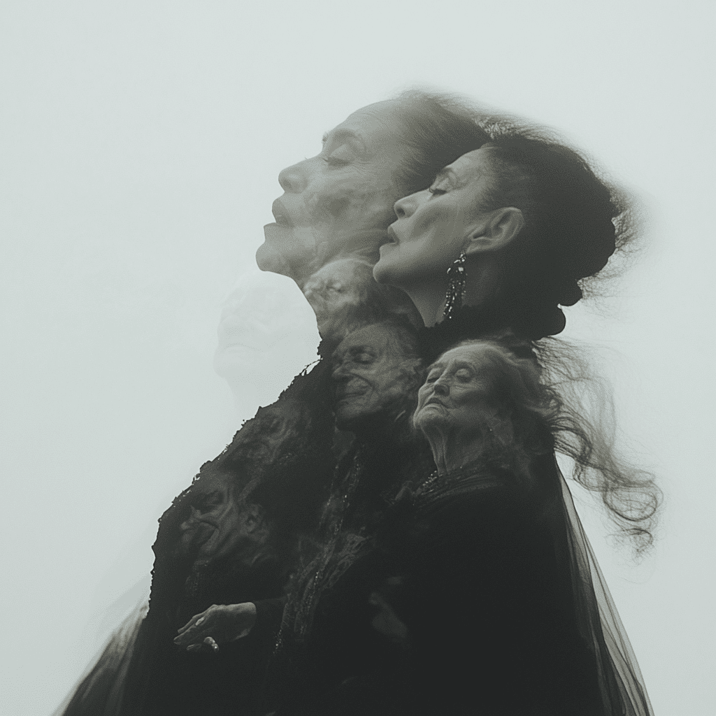 Editorial photo of rosalia lookalike singing flamenco, its a double exposure and you can see older flamenco singers in her black dress, white background, professional edition for vogue magazine --v 6. 1 --personalize pwp2sjx