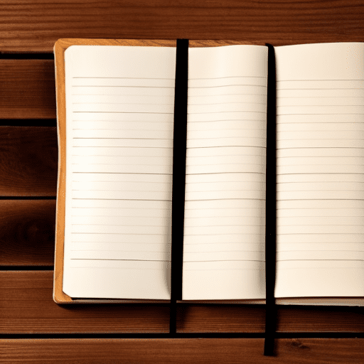 Open notebook with blank pages on a wooden floor