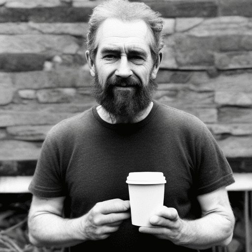 “a 55-year-old scottish farmer, thin and weathered, with dark, unkempt hair and facial hair. Standing 6’1” and 175 pounds, his large, calloused hands hold a cigarette and a coffee cup near his mouth. Wearing glasses, a worn white undershirt, torn jeans, and work boots, he stands at his bungalow’s entrance at dawn. The rising sun casts an orange glow on the left side of his face, revealing his aged, smoke-worn skin. He contemplates his loneliness and recent loss of his wife, with rugged scottish hills and distant mountains as his blurred backdrop, rich with warm and cool mid-october tones. ”
