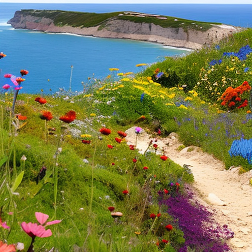 Cliff top wild flower garden overlooking the sea, with rough dirt path