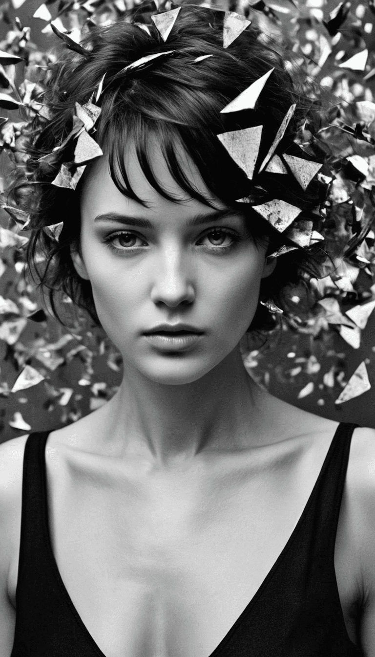 Black and white photography, fashion editorial, dark shorthaired woman in random shards, highres, realistic photo, professional photography, cinematic angle, dynamic light back shining,