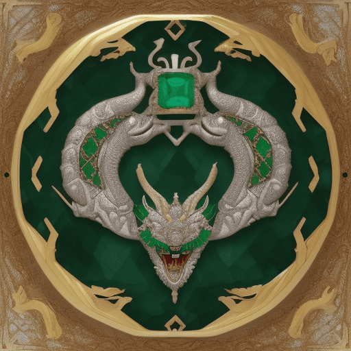 Create a graphic image showing an open jewelry box, made of wood, leather, and fabrics that show sustainability and luxury, with emerald green and silver colors, with a gold seal that has the word "muzo" engraved on it, and inside you can see an emerald on a shiny silver bracelet, with chinese and personalized designs, with dragons, and another emerald on a gold necklace, with a notable gem and with fine and elegant finishes. The box should be on a shiny, elegant and luxurious black table, with a background of white walls.