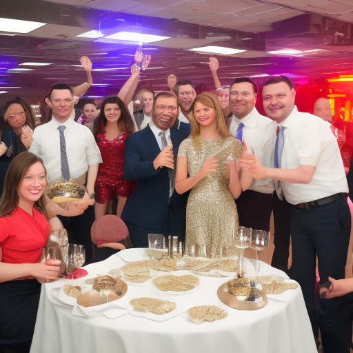 Make a high-definition image showing the employees of a company celebrating an event, highlighting the atmosphere of the place, being of a very high level, using photos of high-level events worldwide. In a room with very well served tables