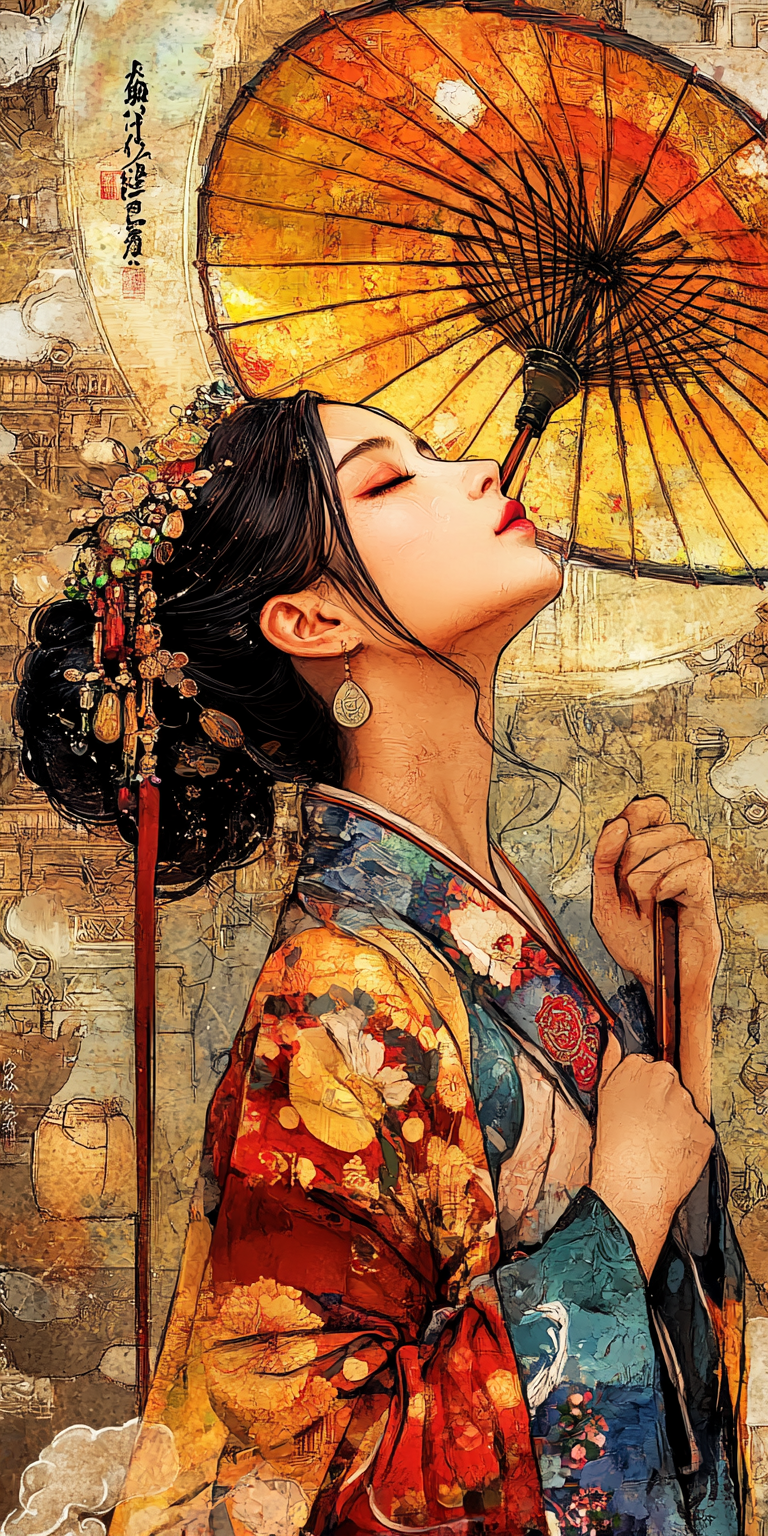 Spirographing, in the style of feminine portraiture, dark orange and light gold, asian-inspired motifs, editorial illustrations, beautiful women, zen buddhism influence, yellow and red --ar 1:2 --personalize yruxpc2 --stylize 750 --v 6. 1