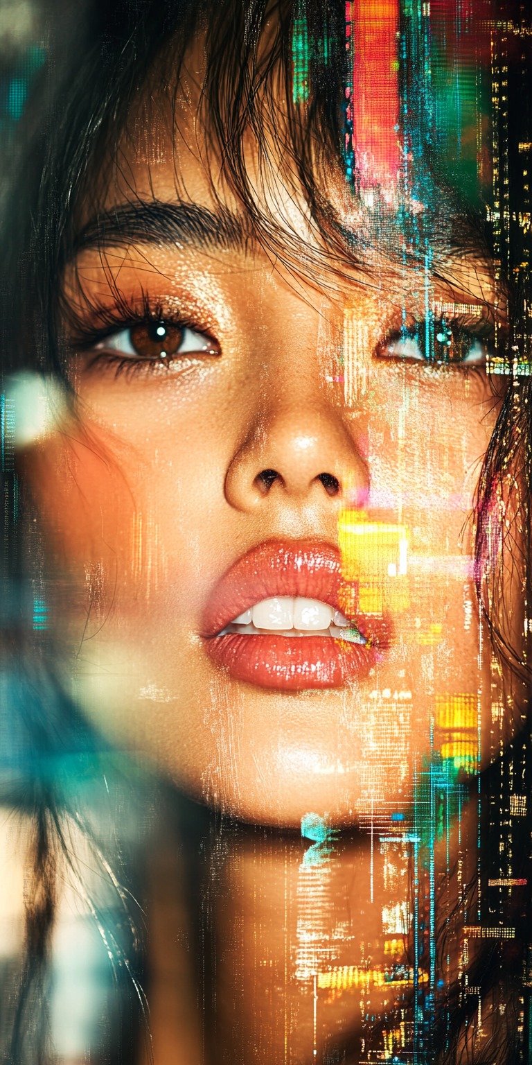 A young asian woman's face is covered with glitch effects, blurred in motion, surrounded by black abstract textures, overall atmosphere of mystery and tranquility. , close-up shot, with a high-definition photography style, captured through camera photography, unique artistic effect in the style of digital art --ar 1:2 --personalize yruxpc2 --stylize 750 --v 6. 1