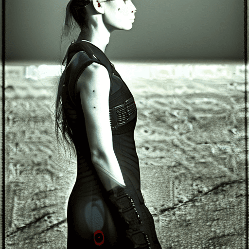 A mesmerizing photograph capturing the ethereal beauty of the terminator girl, with her cyborg features half-shrouded in shadow as she stands defiantly against a stark, desolate landscape, her glowing yellow eye piercing through the gloom. Canon l series 70-200mm f/2. 8 lens, iso 1600, monochromatic futuristic style --ar 9:16 --v 6. 0