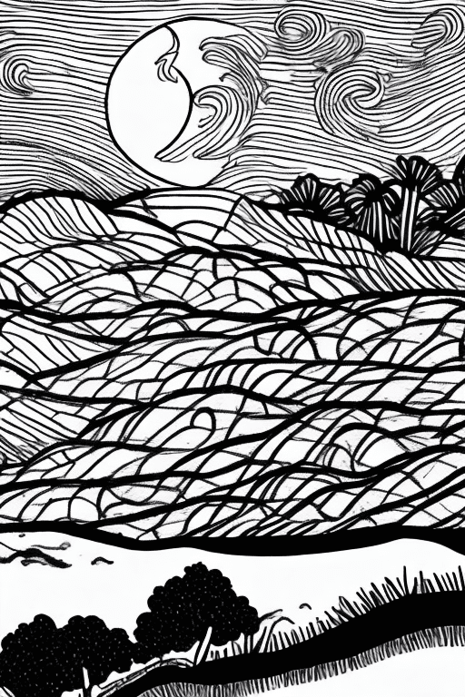 Landscape with moon, black lines white background, coloring page for beginners