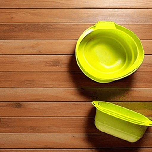Tupperware bowls on wooden floor. Ray of sunshine.