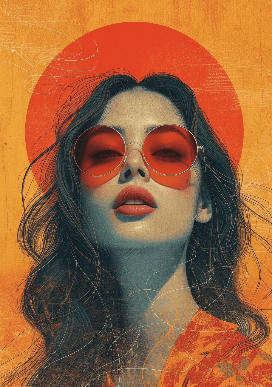 Spirographing, in the style of feminine portraiture, dark orange and light gold, asian-inspired motifs, editorial illustrations, beautiful women, zen buddhism influence, yellow and red --ar 73:104 --stylize 750 --v 6