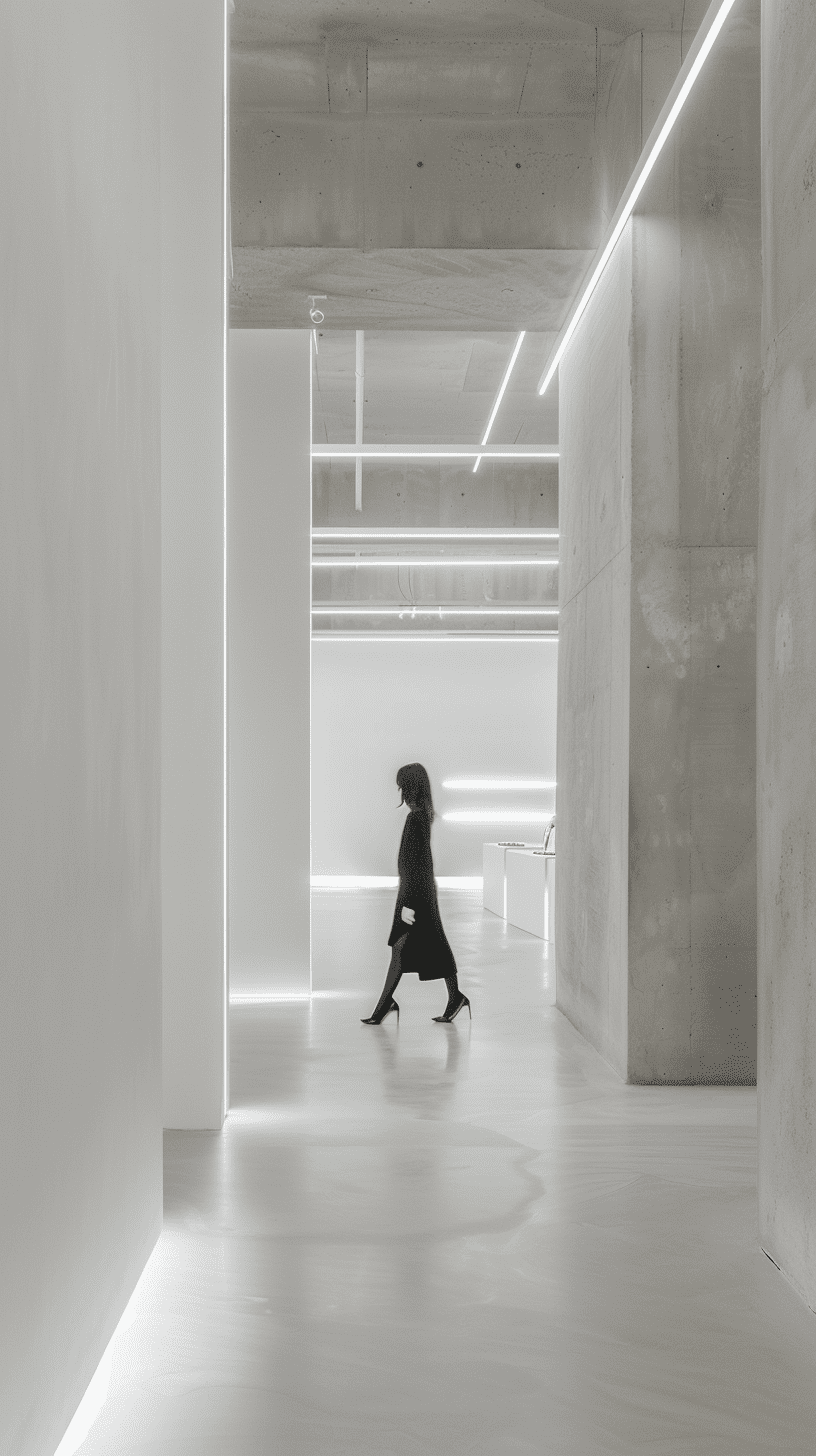 Photography, fashion store, whole white walls, white concrete floors, white ceiling, soft ambient --ar 9:16 --style raw