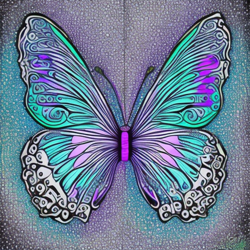 Dessin de papillon rose, blanc, violet, turquoise, lumineux, entouré de lucioles qui brillent dans la nuit noire