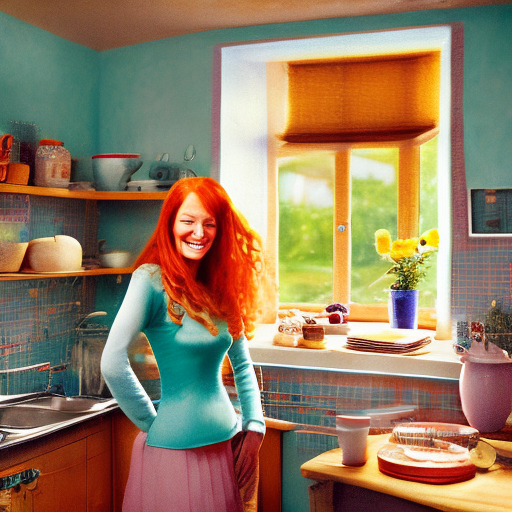 Hyper-reealistic photo of a woman, ginger long hair, she's at home at her bright kitchen looking at the camera and smiling --style raw --s 150 --v 6. 1 --lw 0. 5