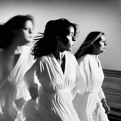 Black and white photograph of women running in white nightgowns, facing the camera in the style of intense gaze, hauntingly beautiful, richly layered, expressive eyes, jagged edges, western-style portraits, loose and fluid style --ar 73:111 --stylize 750 --v 6