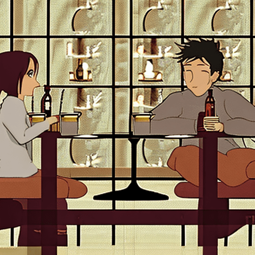 An anime-style scene of a couple sharing a close, emotional moment in a cozy café. They are sitting together at a table, gazing softly at each other while having drinks. The warm, golden sunlight from large windows behind them illuminates their faces, creating a romantic glow. The café is cozy with wooden tones, soft lighting, and a peaceful ambiance. The characters are expressive, with gentle, affectionate smiles, and soft blushes, capturing a serene and romantic mood in this calm and intimate setting.