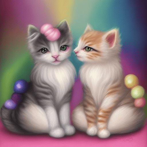 Two fluffy kittens sitting next to each other, a pastel, by christen kobke, featured on pinterest, rococo, rainbow sheep like cotton candy, made of candy and lollypops,